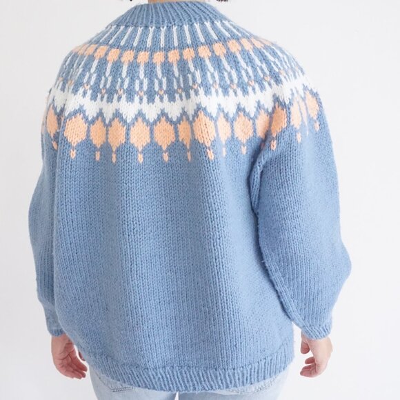 19th Avenue Blue Fair Isle Wool Sweater Peach Cream Knit Retro Cabin Winter L - Picture 2 of 10